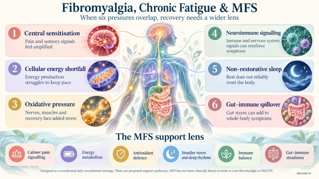 Infographic: fibromyalgia and chronic fatigue as a system on high alert, and how MFS helps