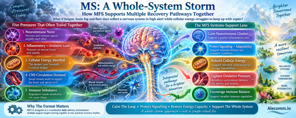 Infographic: MS (Multiple Sclerosis) as a whole-system storm and how MFS helps calm it