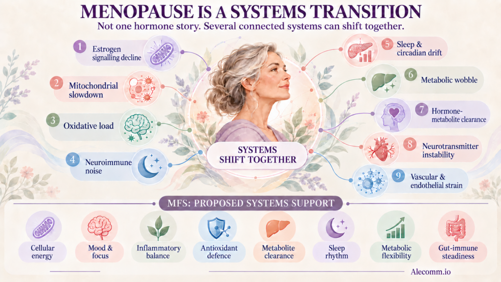 Infographic: menopause as a whole-system transition and how MFS supports energy, mood, sleep and metabolism
