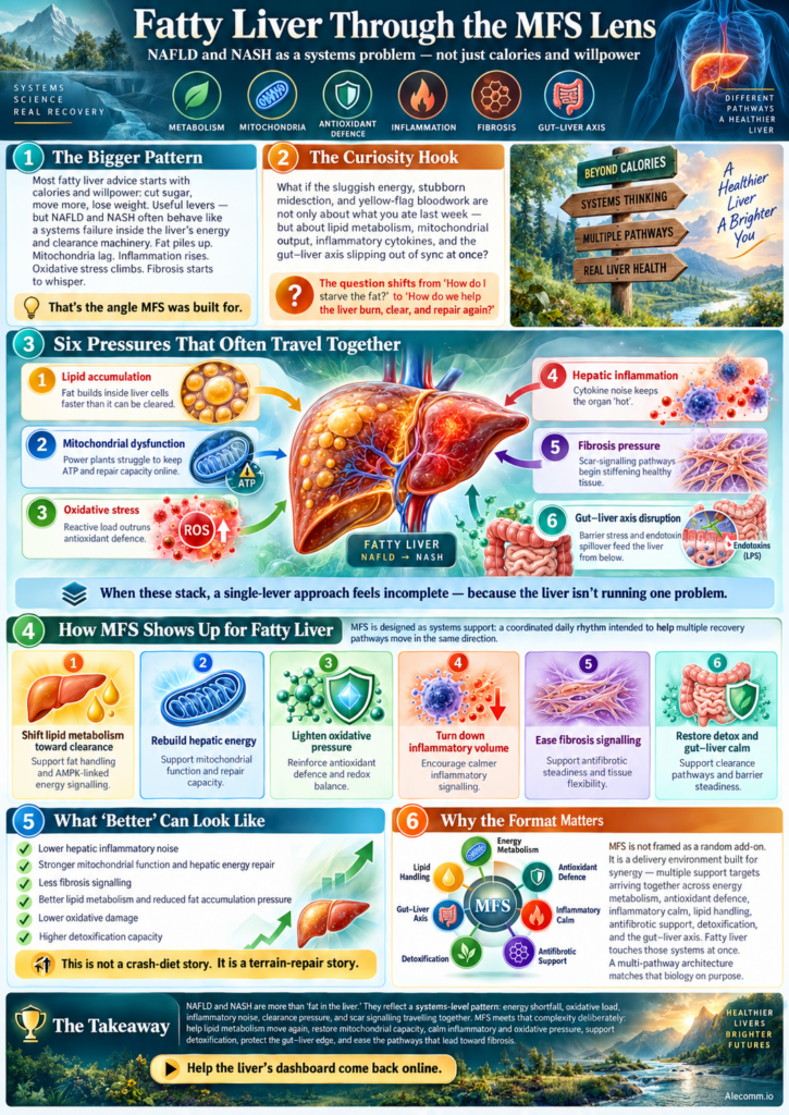 Infographic: fatty liver through the MFS lens, from fat build-up to liver repair