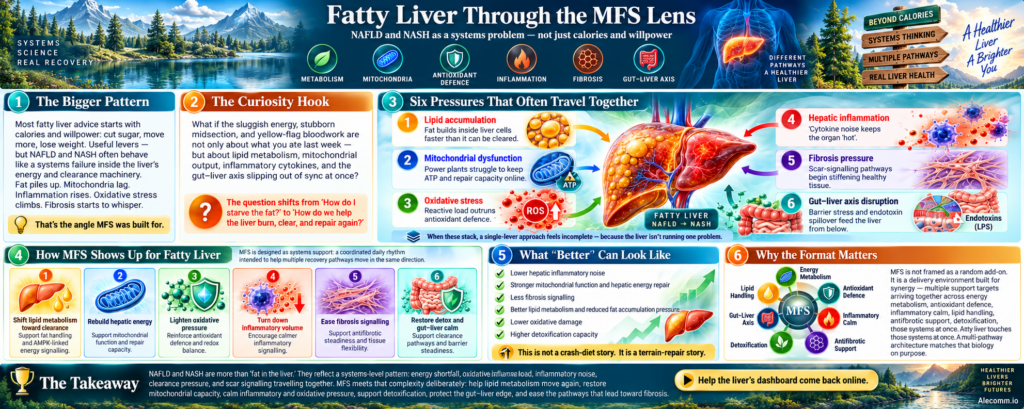Infographic: fatty liver through a systems lens, showing the pressures on the liver and how MFS supports it