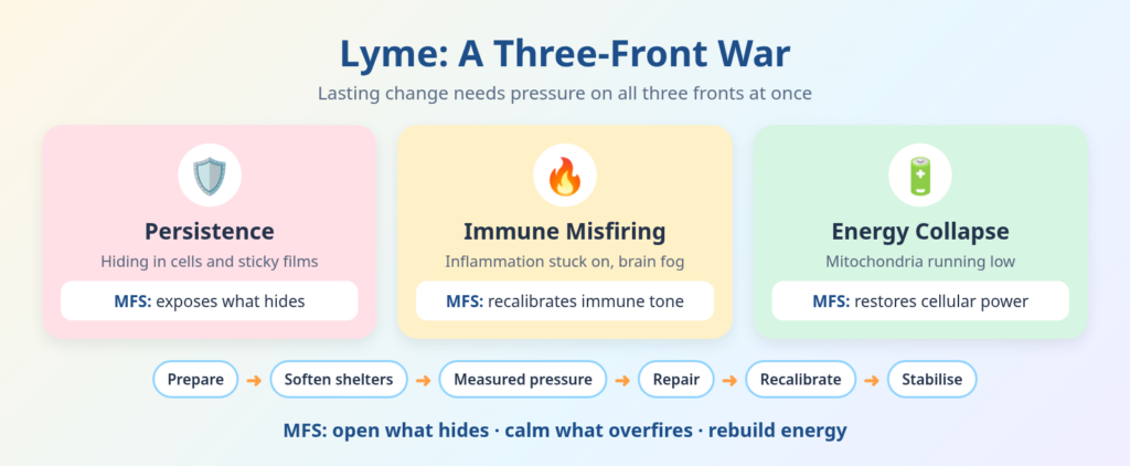 Infographic: Lyme as a three-front war (persistence, immune misfiring, energy collapse) and how MFS helps on each front, with a six-step sequence