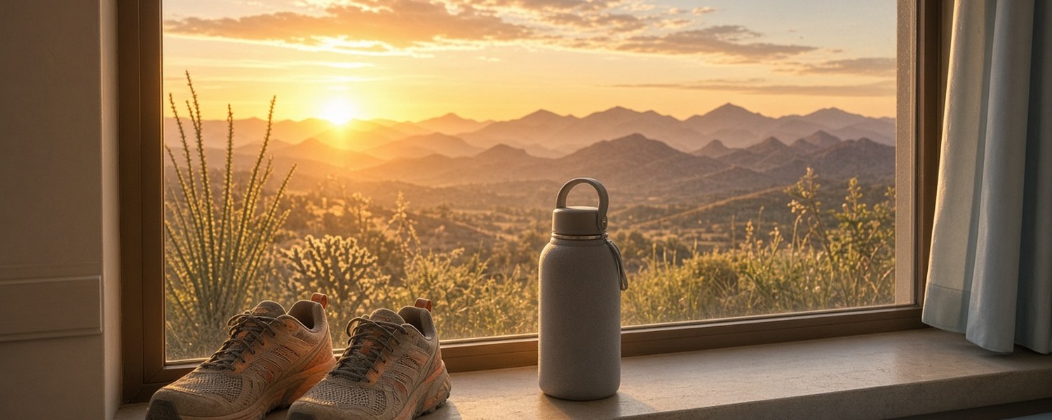Running shoes and a water bottle on a windowsill at an Arizona sunrise