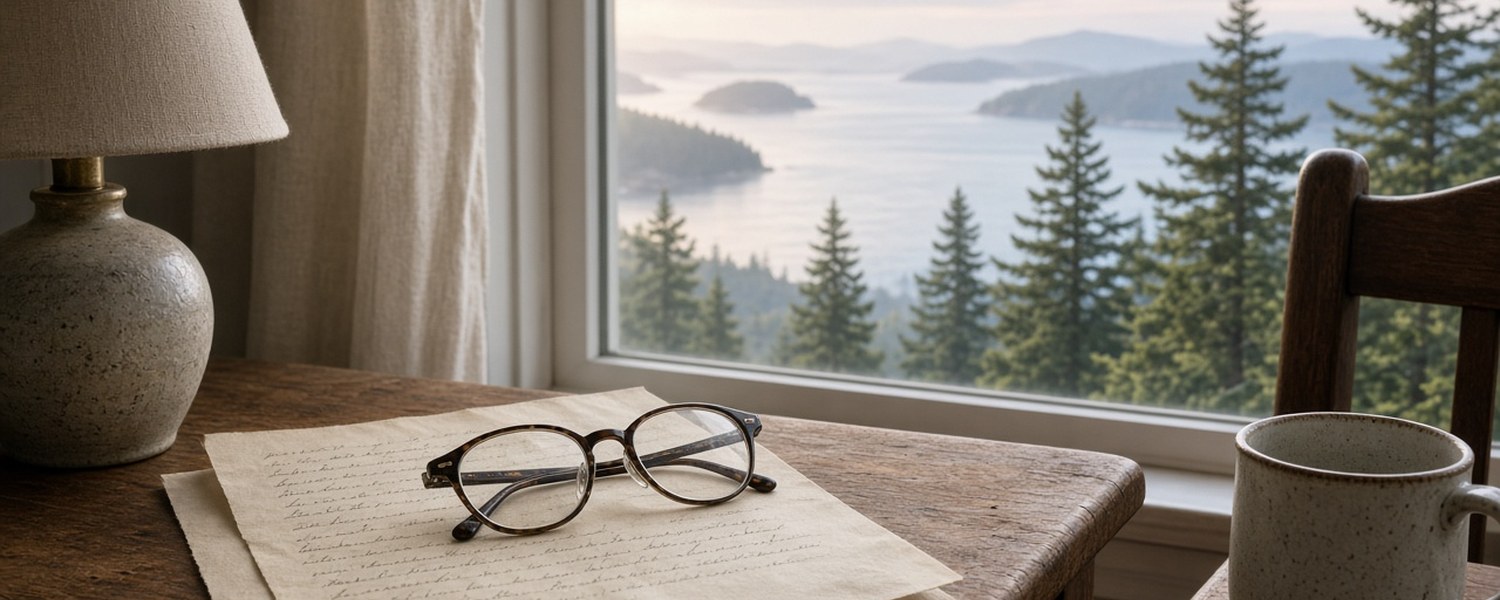 Reading glasses resting on a handwritten letter beside a window overlooking the Gulf Islands