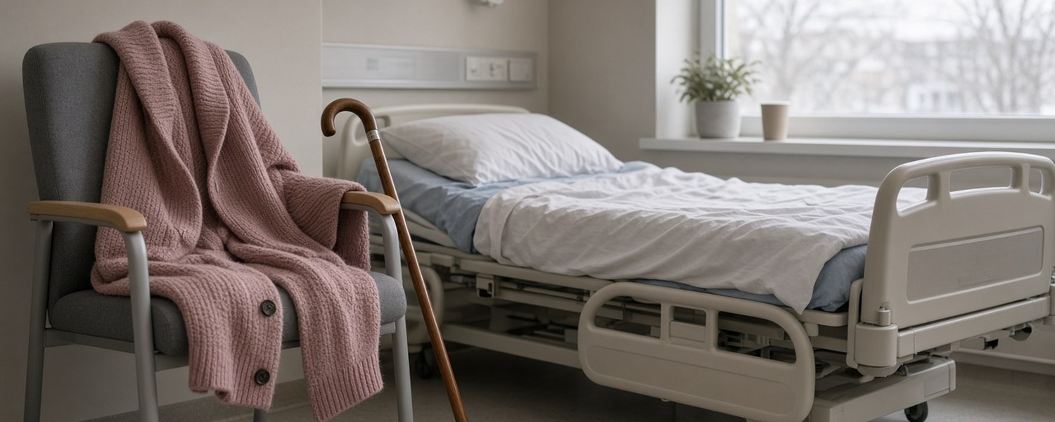 A cardigan draped over a hospital chair beside an empty bed and a walking cane